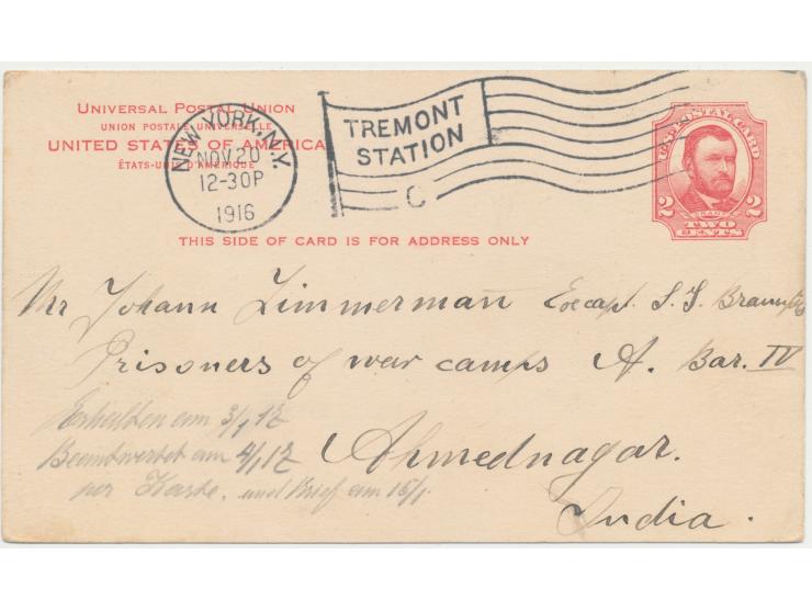 Lot von 4 USA-Ganzsachen aus New York 1914 bis 1916 an den internierten Kapitän des Dampfers Braunfels Johann Zimmermann im i