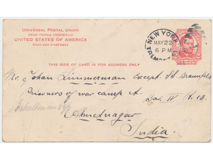 Lot von 4 USA-Ganzsachen aus New York 1914 bis 1916 an den internierten Kapitän des Dampfers Braunfels Johann Zimmermann im i