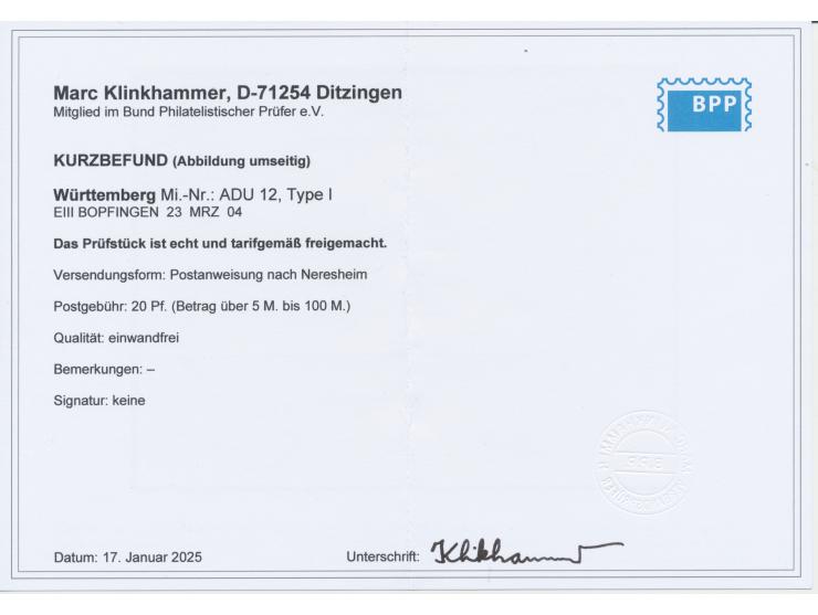 Postanweisungs-Dienstumschlag 20 Pf. für einen Betrag von 31 Mark, Stempel Bopfingen 23.3.04, Ankunftstempel Neresheim 23.3.0