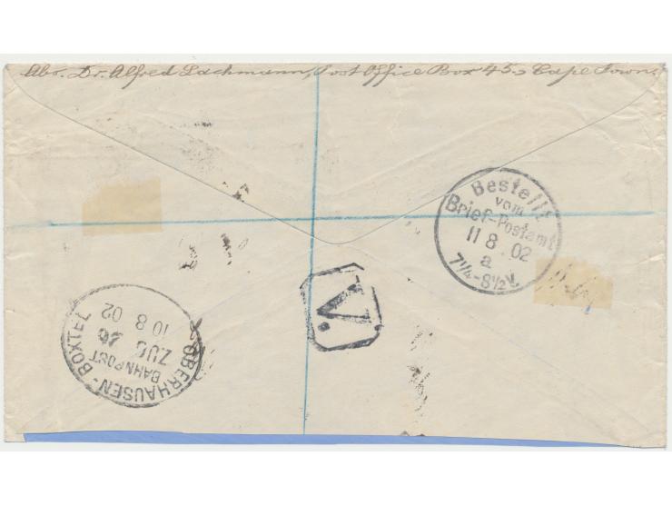 Kap der Guten Hoffnung 6 d. (1884) und 3 d. (1896) auf Einschreibbrief mit Stempel Registered Cape Town 22.7.02 nach Berlin, 