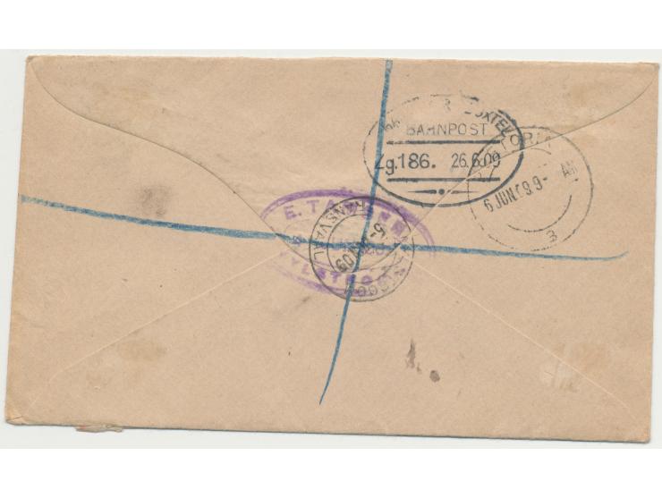 Transvaal 1 d. (Viererblock) und 2 1/2 d. auf Einschreibbrief mit Stempel Nylstroom 5.6.09 nach Deutschland, Durchgangstempel