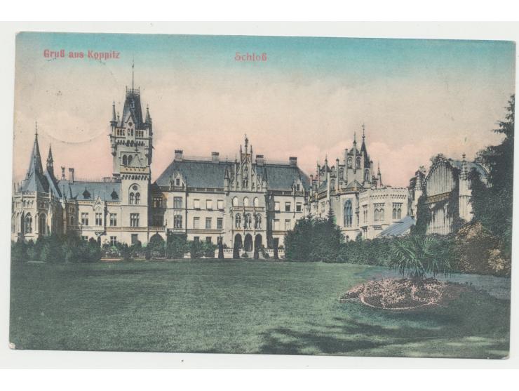 umgearbeiteter&nbsp; Preußen-K2 Koppitz &nbsp;28.8.11 (Uhrzeitangabe hinzugefügt) auf kolorierter Ansichtskarte Schloss Koppi