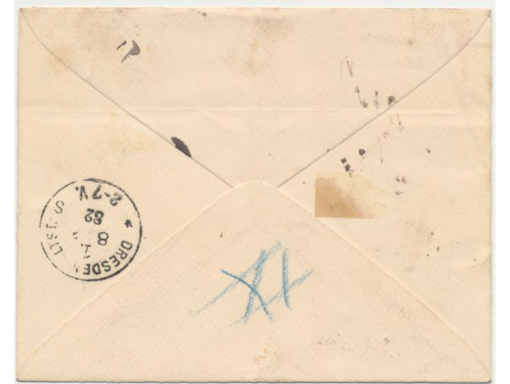 waagerechtes Paar und Einzelmarke 10 Soldi (Ausgabe 1867) auf Einschreibbrief mit Stempel Beirut 21.2.82 nach Dresden, Einzei