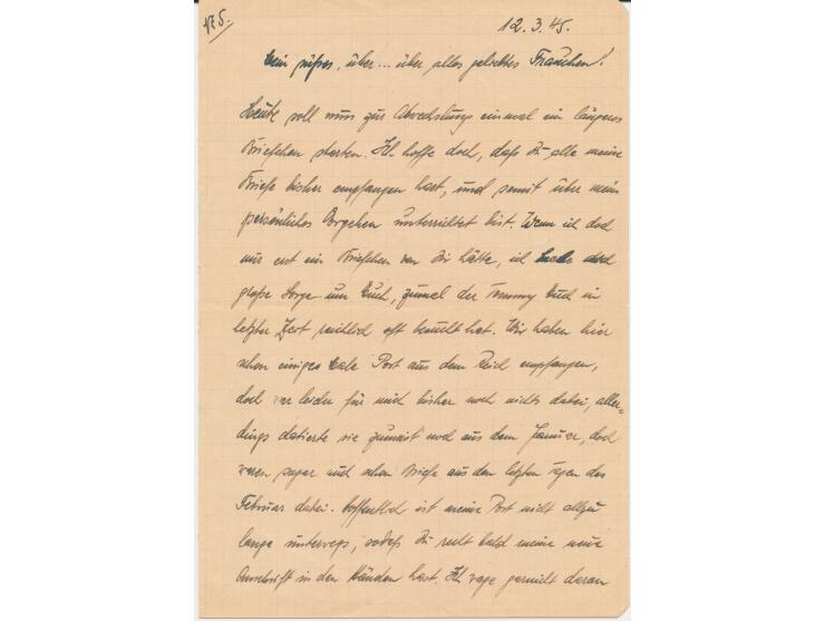 Ostpreußen-Kessel, Brief mit FPSt UB e 12.3.45 nach Berlin, handschriftlicher Absender ... FPNr. 16435 A = Regimentsstab Gren