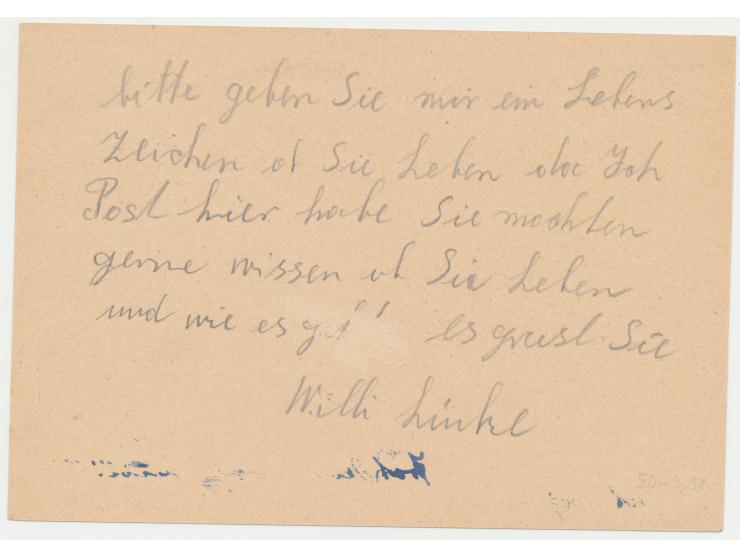 Fredersdorf, Etikette 6 Pf. mit Signum auf Postkarte nach Greifswald, Ovalstempel Fredersdorf b. Berlin 11. Okt. 1945 und R2 