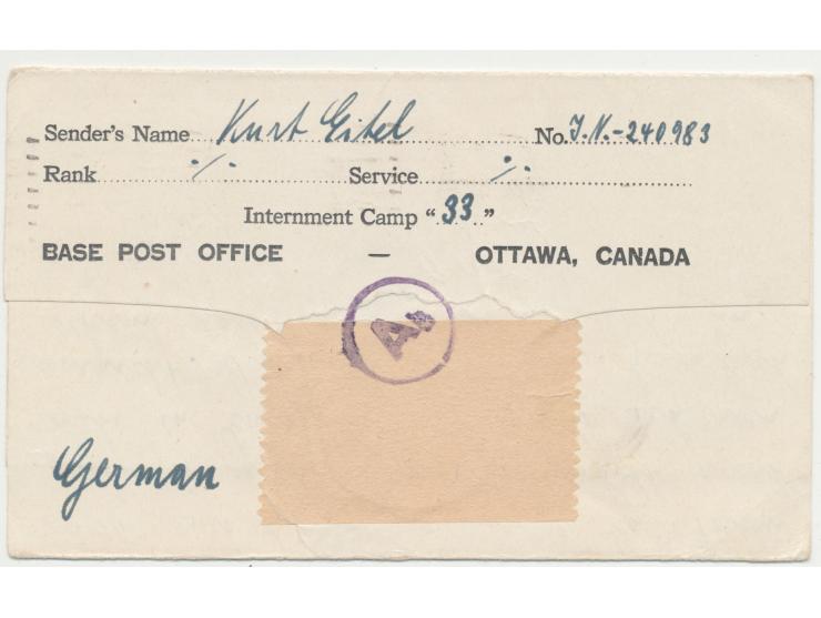 10 C. und 20 C. als Luftpostzuschlag jeweils auf Kriegsgefangenen-Vordruckfaltbrief und -Vordruckkarte nach Deutschland, Masc