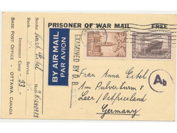 10 C. und 20 C. als Luftpostzuschlag jeweils auf Kriegsgefangenen-Vordruckfaltbrief und -Vordruckkarte nach Deutschland, Masc