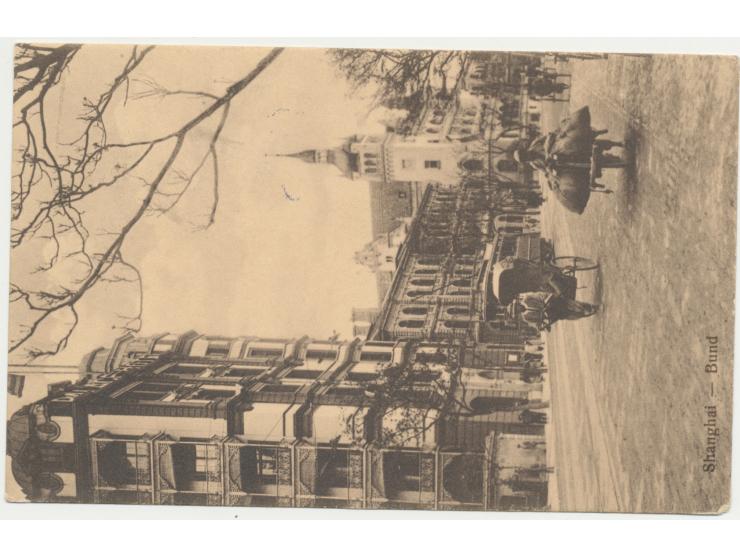 1. Regierungsjahr des neuen Kaisers 2 C. zusammen mit Deutsche Post 2 C. auf Ansichtskarte "Shanghai - Bund" nach Deutschland