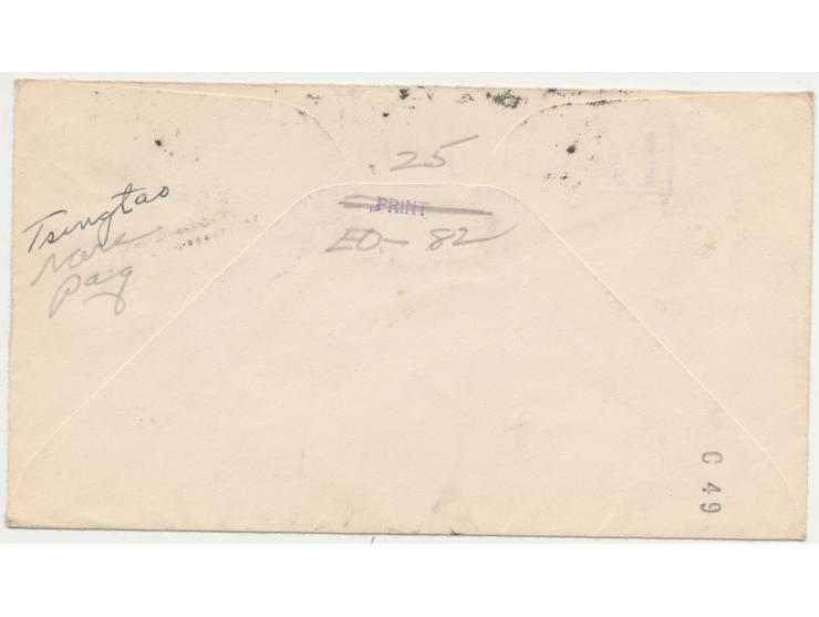 Stempel Tsingtao 2.4.48 und großer violetter R1 Paquebot auf Drucksache mit Großbritannien 1 d. nach USAStichwörter: Großbrit