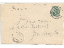 Postkarte mit schwarzer Tuschezeichnung in Form eines Scherenschnitts eines Germanen oder Wikingers. Frankatur 5 Pf., Stempel