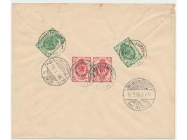 Ganzsachenumschlag 10 Kop. (Großformat) mit rückseitiger Zusatzfrankatur 2 x 2 Kop. und 2 x 3 Kop. als Einschreiben nach Deut