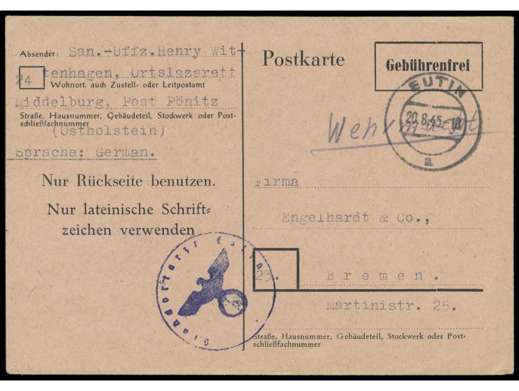 seltene  Gebührenfrei-Postkarte  für internierte Wehrmachtangehörige, rosa Karton,  Absendervordruck für Zivilpost  (Meschenm