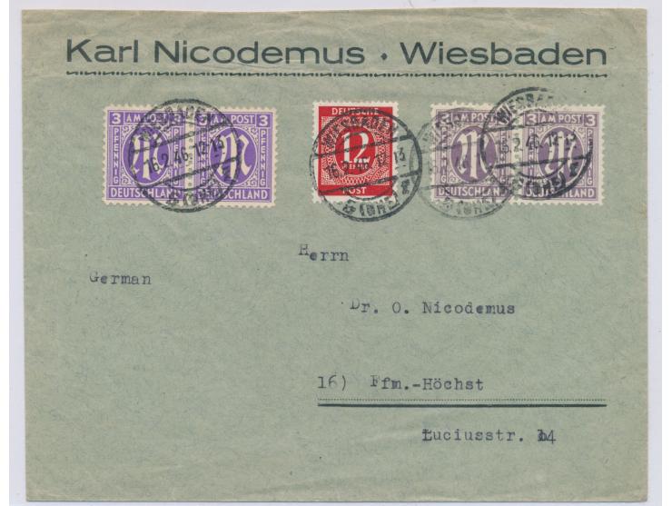 Frühverwendung  12 Pf. Ziffer in MiFr und 4 x 3 Pf. AM-Post auf Brief 2. Gewicht mit Stempel  Wiesbaden 5 (Bhf)  16.2.46 nach