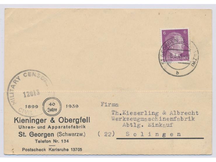 6 Pf. Hitler auf Firmenkarte mit Stempel  St. Georgen (Schwarzw)  6.3.45 nach (22) Solingen  (ab 1. April im Ruhrkessel), "üb