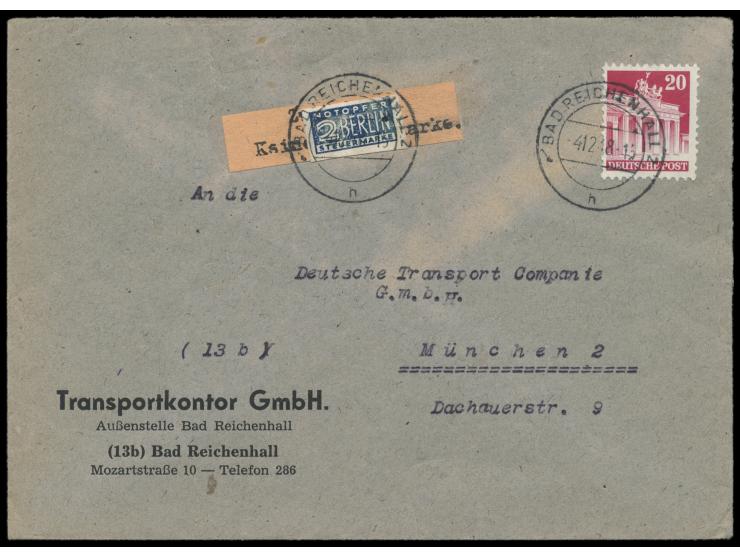 20 Pfg. Bautenserie auf Bedarfsbrief Bad Reichenhall 4.12.48 nach München, seltener  roter Aufkleber "Zurück Keine Steuermark