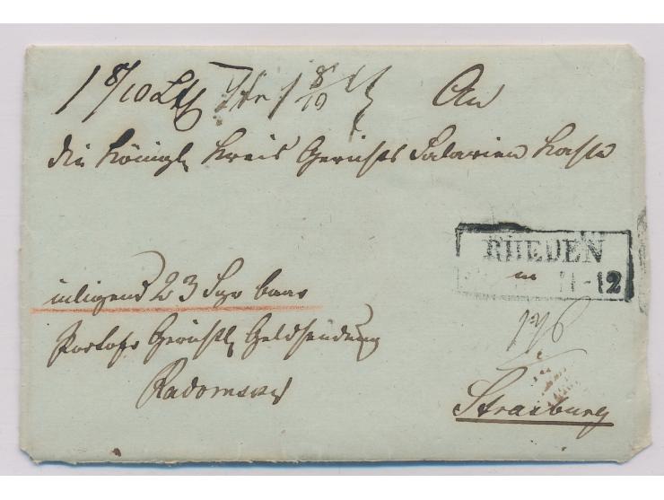 R2  Rheden  22.9.(1859) auf Faltbrief mit komplettem Inhalt nach Strasburg, handschriftlicher Vermerk "Inliegend 23 Sgr baar,