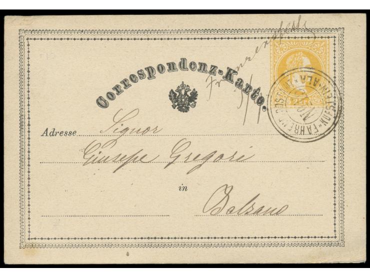 kleiner Doppelkreisstempel  Fahrend. Postamt Kufstein - Ala / No. 15  und handschriftliche Aufgabe "Franzensfeste 3.9.(1871)"