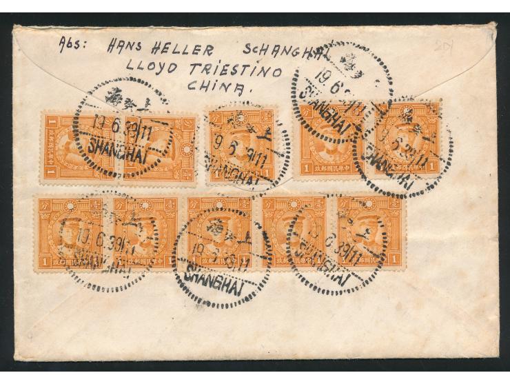 12x 1 C. und 3x 15 C. auf Auslandsbrief Shanghai 19.6.39 nach Österreich, Inhalt: 4seitiges handgeschriebenes Schreiben eines