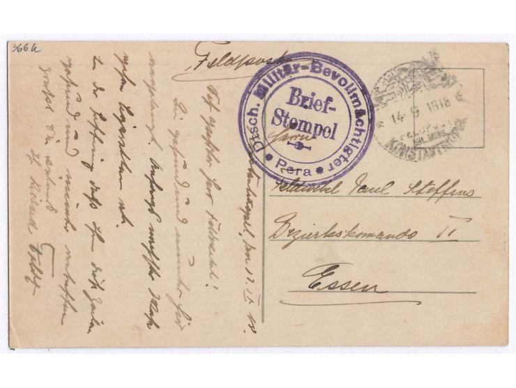Stempel Feldpost Mil. Miss.  Konstantinopel  14.9.1918 und viol. Briefstempel  Dtsch. Militär-bevollmächtigter Pera  auf Feld