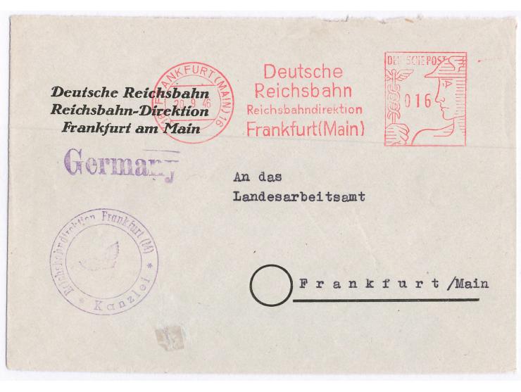 Absenderfreistempel  Merkurkopf,  weite Schraffur, Ortsbrief Frankfurt 20.9.46 Deutsche  Reichsbahn,  kleiner Fleck

Stichwor