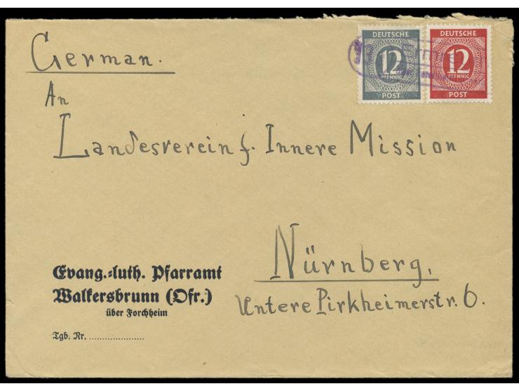 viol. PSt II-Stempel (13a) Ermreuth über Forchheim (Oberfr)  als seltene Notentwertung (PSt I ab 1.11.1945) auf Brief mit bei