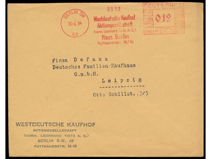 Vordruckbrief Westdeutsche Kaufhof ...  vormals Leonhard Tietz AG,  mit entsprechendem Absenderfreistempel Berlin SW 68 30.6.