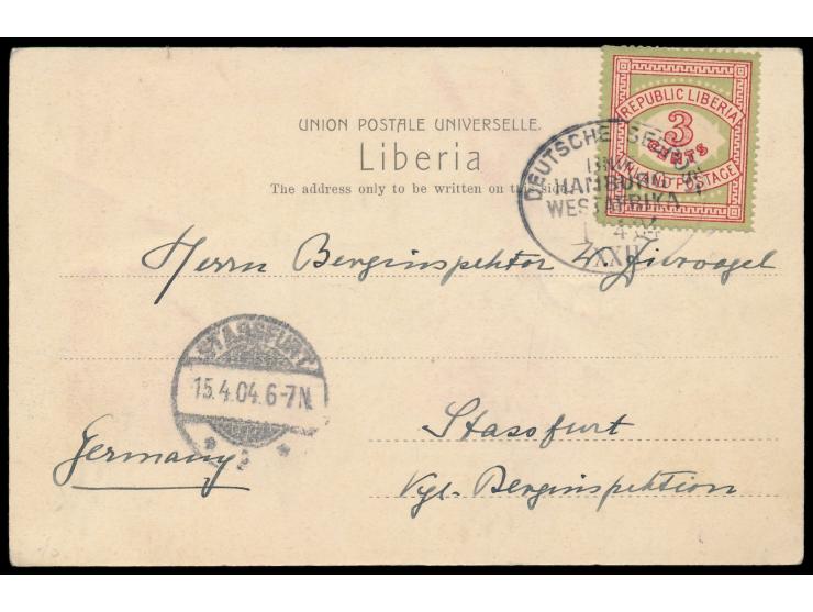 Liberia 3 C. auf Ansichtskarte River Cess mit Stempel Deutsche Seepost  Linie Hamburg - Westafrika XXII  1.4.04, Dampfer Erns