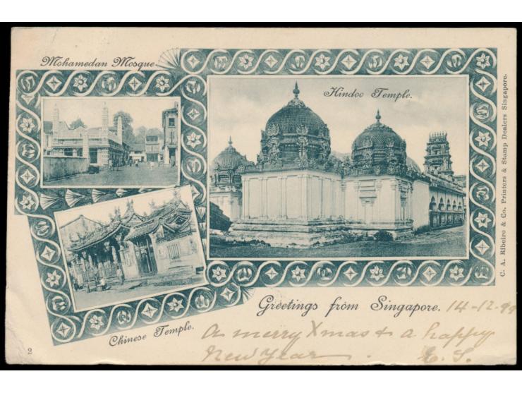 Dreibild-Ansichtskarte  Singapore: Mohamedan Mosque, Chinese Temple, Hindoo Temple,  Verlag C. A. Ribeiro &amp; C., Singapore