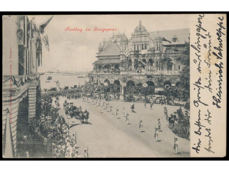 Ansichtskarte  "Festtag in Singapore",  Frankatur Dt. Reich 5 Pf., Stempel  Kais. Deutsche Marine-Schiffspost No. 39  6.3.02,