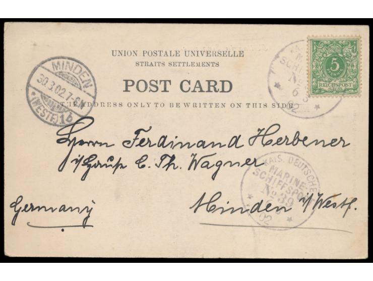 Ansichtskarte  "Festtag in Singapore",  Frankatur Dt. Reich 5 Pf., Stempel  Kais. Deutsche Marine-Schiffspost No. 39  6.3.02,