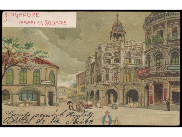 Singapore,  dekorative Ansichtskarte  Raffles Square,  Frankatur sauber abgelöst, 1906 nach Deutschland
