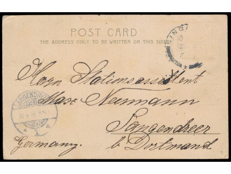 Singapore,  dekorative Ansichtskarte  Raffles Square,  Frankatur sauber abgelöst, 1906 nach Deutschland
