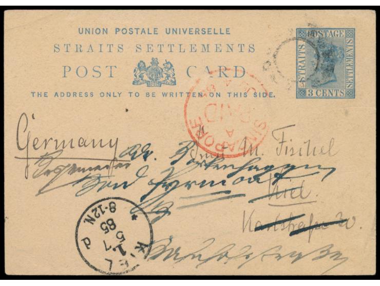Ganzsache 3 C. aus Singapore mit undeutlichem Zweikreisstempel und rotem Stempel  Singapore Paid  4..6.85 nach Deutschland, A