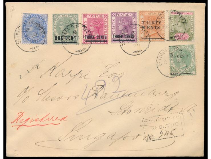 Straits Settlements:  Orts-Einschreibbrief mit sieben verschiedenen Marken, Stempel  Singapore  10.10.98 und R-Stempel, Ankun