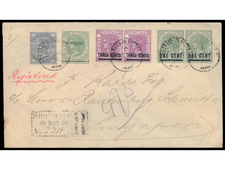 Straits Settlements:  10 C. (Ausgabe 1882) mit 10 Cents auf 24 C. (1891), Paar One Cent auf 8 C. (1892) und Paar Three Cents 
