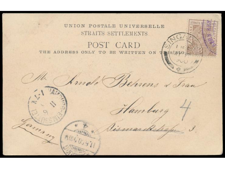 3 C.  mit Firmenstempel   vorausentwertet  auf früher Fünfbild-Ansichtskarte "Greetings from Singapore", Stempel Singapore 17