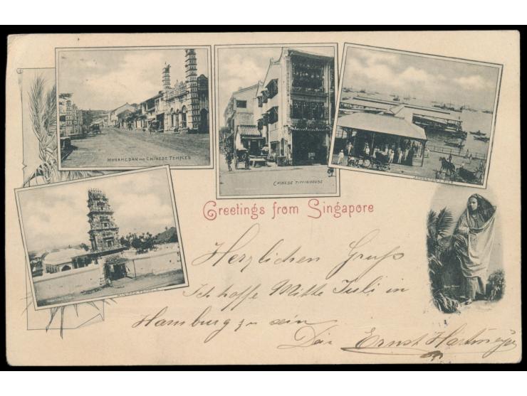 3 C.  mit Firmenstempel   vorausentwertet  auf früher Fünfbild-Ansichtskarte "Greetings from Singapore", Stempel Singapore 17