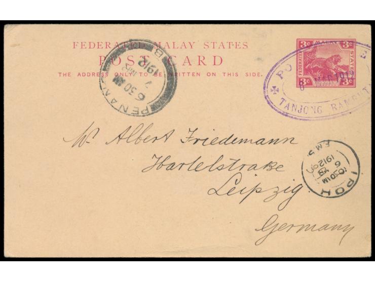 Perak,  violetter Ovalstempel  Post Office Tanjong Rambutan  6.3.1912 nicht komplett auf Ganzsache F.M.S. 3 C. nach Deutschla