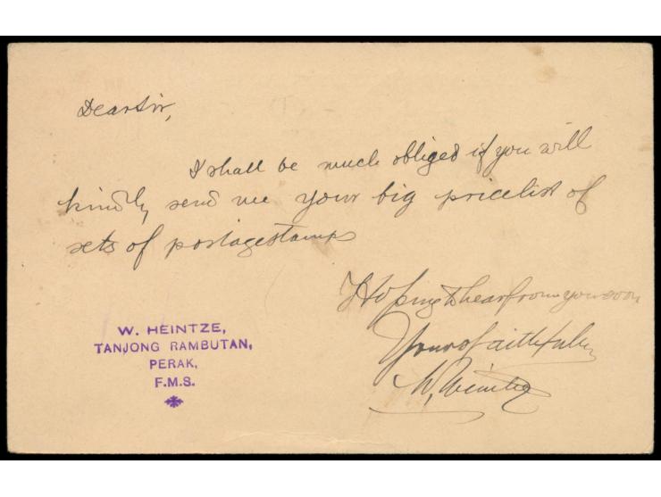 Perak,  violetter Ovalstempel  Post Office Tanjong Rambutan  6.3.1912 nicht komplett auf Ganzsache F.M.S. 3 C. nach Deutschla
