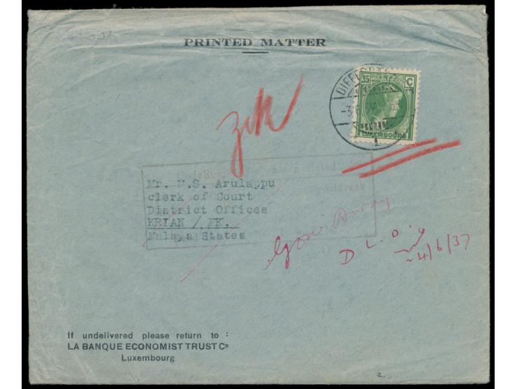 Luxemburg, &nbsp;35 Ct. auf Drucksache nach Kerian, Perak, Malaya States, Stempel Differdingen 3.6.37, rückseitig Ankunftstem