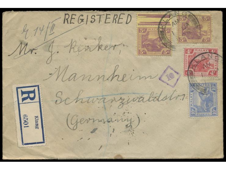 Selangor:  F.M.S. 4 C., 2 x 5 C. und 10 C. auf  Einschreibbrief  nach Deutschland,  Stempel  Klang  1.1.23, Durchgangsstempel