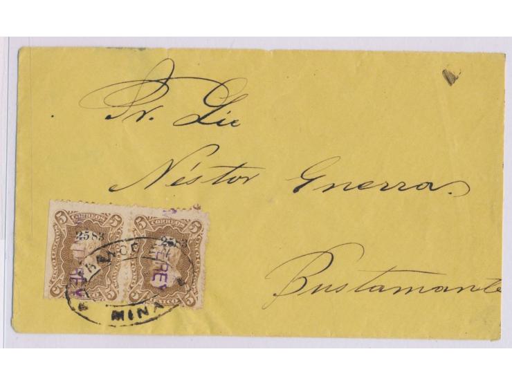 2 x 5 C. Hidalgo (1874) im Paar (linke Marke links geschnitten) mit violettem Aufdruck  Monterey  und schwarzer Nr. 2583 auf 