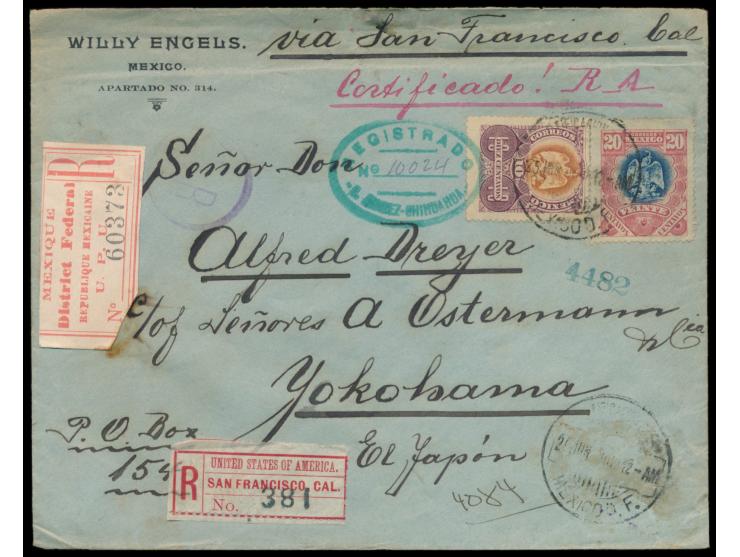 10 C. und 20 C. auf &nbsp;R-Brief mit Rückschein nach Yokohama / Japan, &nbsp;Stempel Mexico D. F. 25.6.1902 und entsprechend