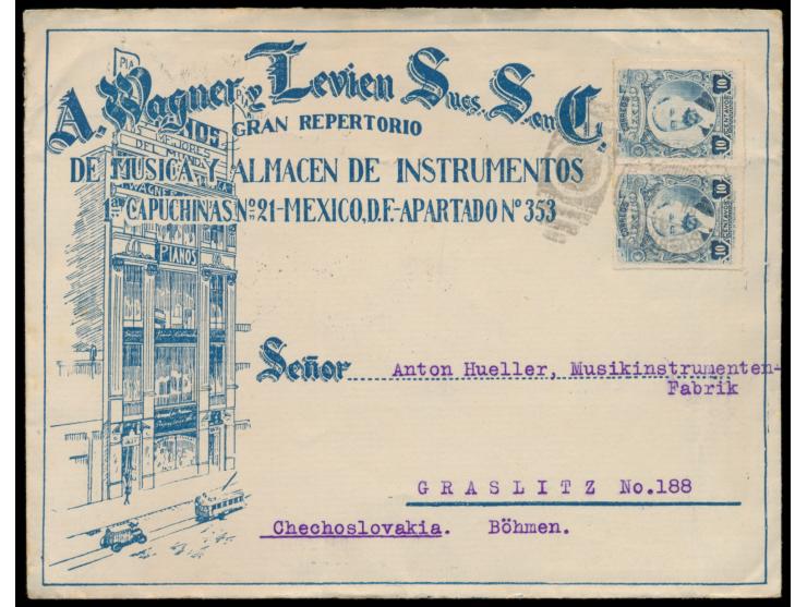 2 x 10 C. auf beidseitig bedrucktem  Reklameumschlag  "A. Wagner y Levien ...  Musica y Almacen de Instrumentos ..."  mit Abb