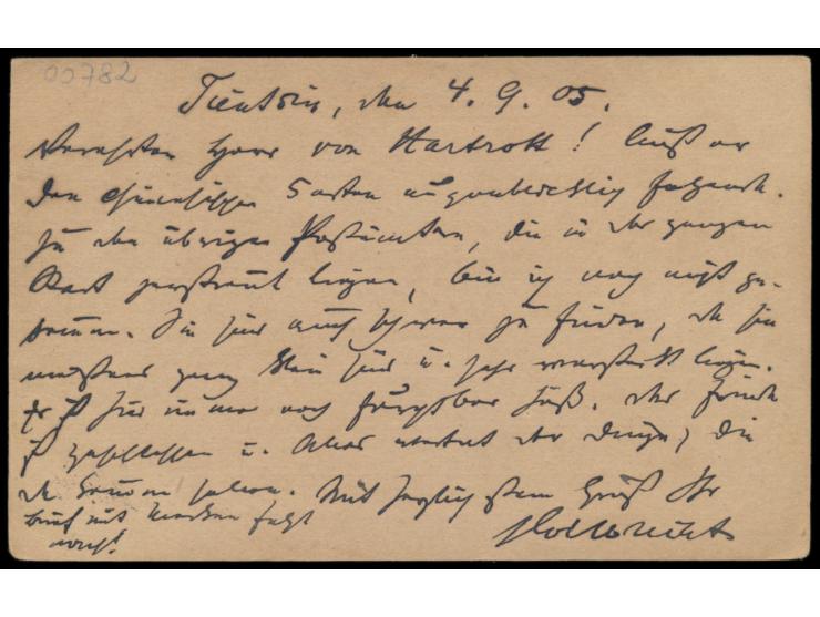 Russland-Ganzsache 4 Kop. mit "Kitai"-Aufdruck, Stempel  Tien-Tsin  28.8.05, befördert über die Mongolei und Sibirien nach De