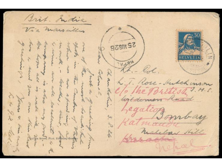Schweiz 30 Ct. Tell auf Ansichtskarten-Klappkarte mit Alpen-Panorama an den britischen Soldaten L.T. Rose-Hutchinson nach Bom