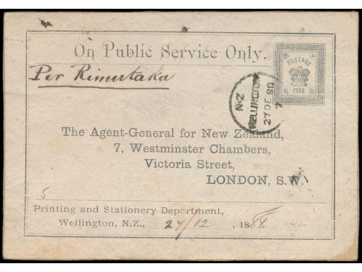 Adresszettel des Printing and Stationery Department, Wellington &nbsp;mit Eindruck &quot;Postage Free&quot; an den Agent-Gene