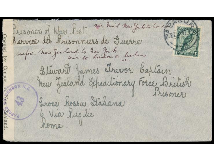 Einzelfrankatur 1 Sh. auf  Luftpostbrief  an einen neuseeländischen Kriegsgefangenen in Italien, Luftpost von New York nach L