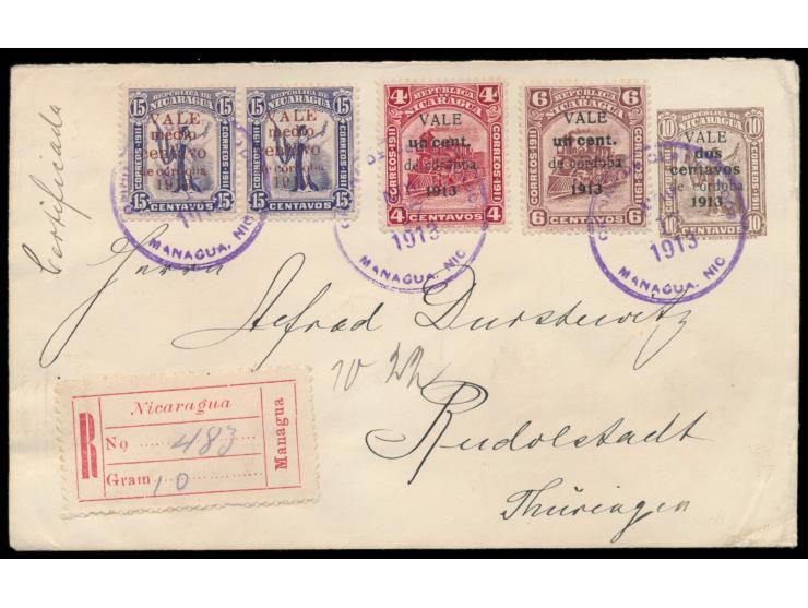 Aufdruckausgabe 1913 (Goldwährung):  Ganzsachenumschlag 2 C. auf 10 C. mit Zusatzfrankatur von 6 weiteren Aufdruckmarken (Ges