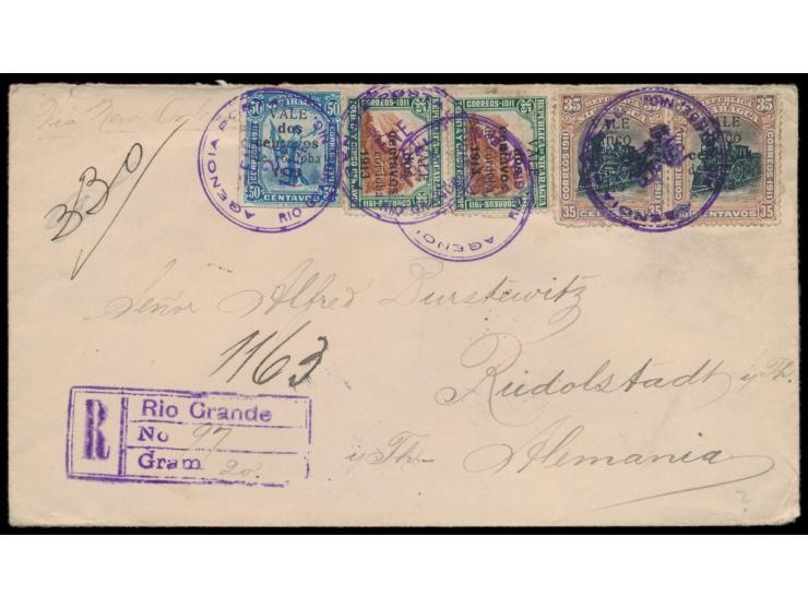 Einschreibbrief  mit Aufdruckausgabe 1913: 2 C. auf 50 C. (Mängel), 2 x 2 C. auf 35 C. und 2 x 5 C. auf 35 C. nach Deutschlan